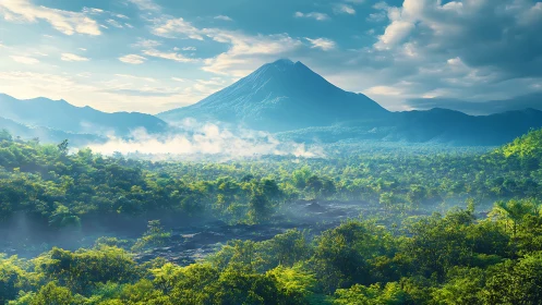 Volcanic peak rises above dense misty rainforest valley