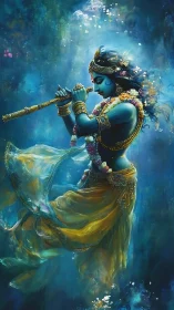Blue-skinned figure playing flute in luminous water scene.