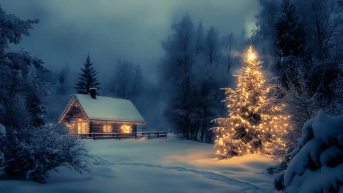 Snow-covered cabin and illuminated tree in winter forest.
