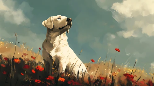 White labrador in sunlit wildflower field under painted sky.