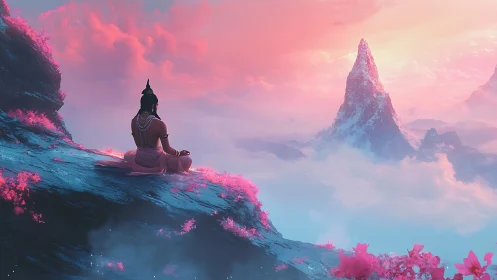 Silent sage lets sunrise pour wisdom across pink peaks