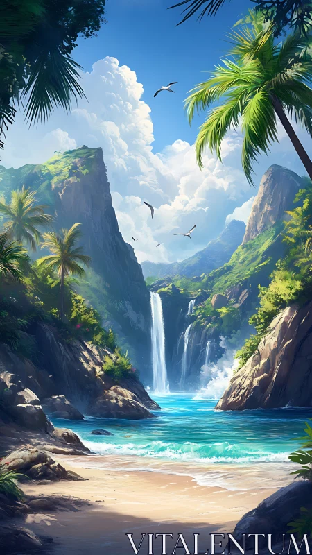 Tropical Paradise Valley with Waterfall and Turquoise Waters