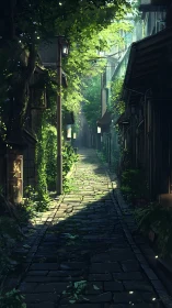 Narrow paved alleyway extends between dense foliage and shops