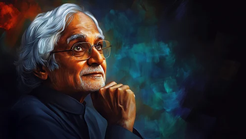 Gentle elder gazes upward in warm, thoughtful wonder