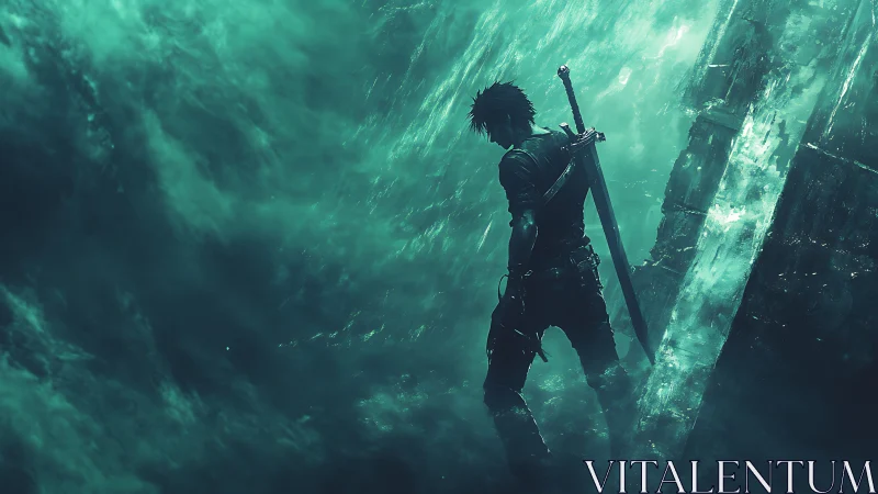 Lone swordsman pauses in a glowing storm of teal mist.