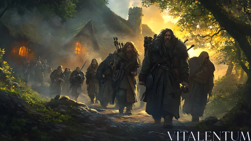 Hooded travelers departing a rustic village at dawn.