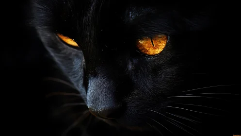 Low key feline close-up with luminous amber eyes study.