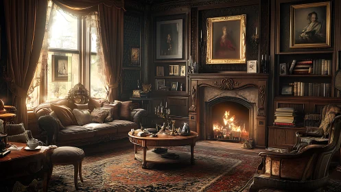 Victorian study interior with ornate fireplace and diffused daylight