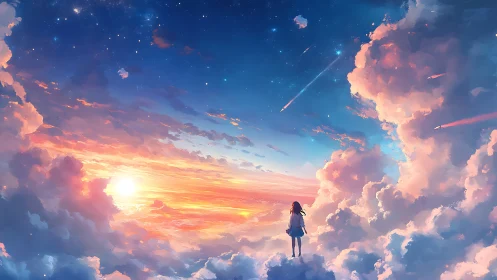 Girl Among Sunset Clouds Gazing Into a Dreamy Sky.