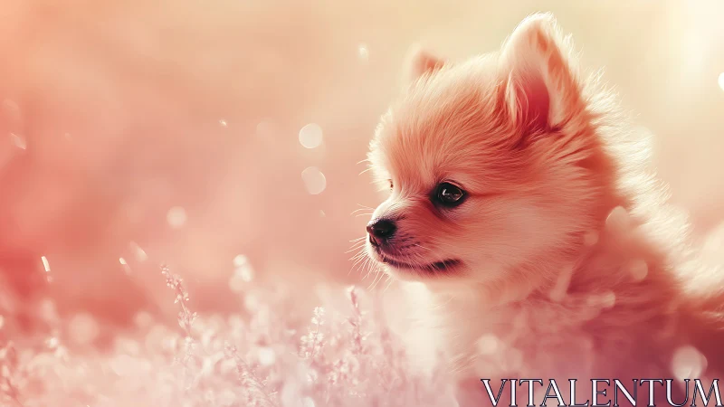 Pomeranian puppy profile in glowing pastel bokeh field.