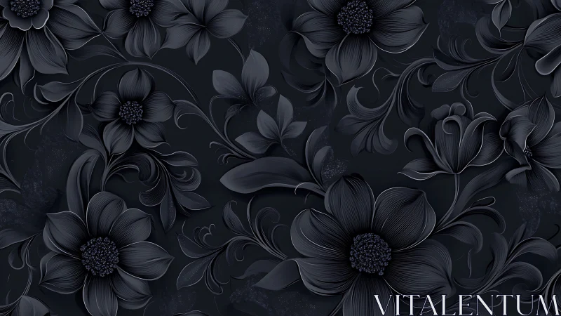 Dark floral botanical rendered digital art with dimensional petals