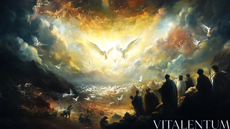 Winged figures over gathering crowd beneath luminous sky.