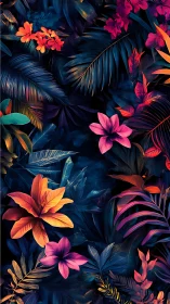 Tropical Flowers Bloom Against Deep Blue Foliage
