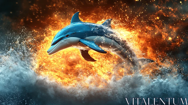 Dolphin leaping through fiery waves with bold, playful energy.