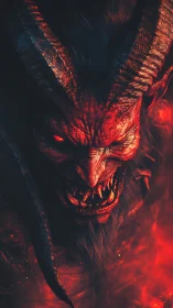Horned infernal demon rendered in blazing red chiaroscuro.