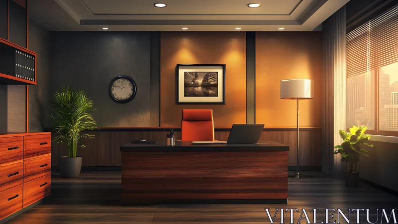 Sunlit executive haven with warm wood and quiet authority.