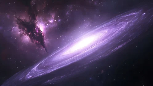 Helical violet spiral galaxy with nebular dust interactions.