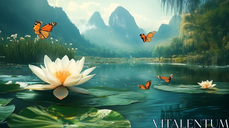 Water lily on calm lake with butterflies and misty mountains