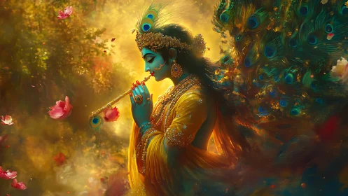 Divine flute player amid glowing forest and peacock aura.