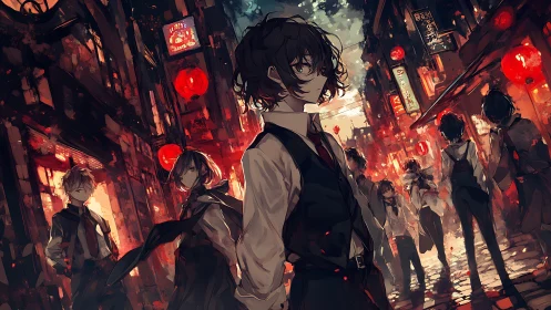 Lantern-lit alley of restless youths in crimson twilight.