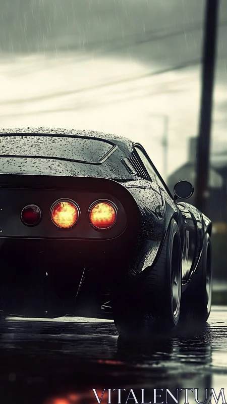 Classic sports car rear view on wet urban street at dusk.