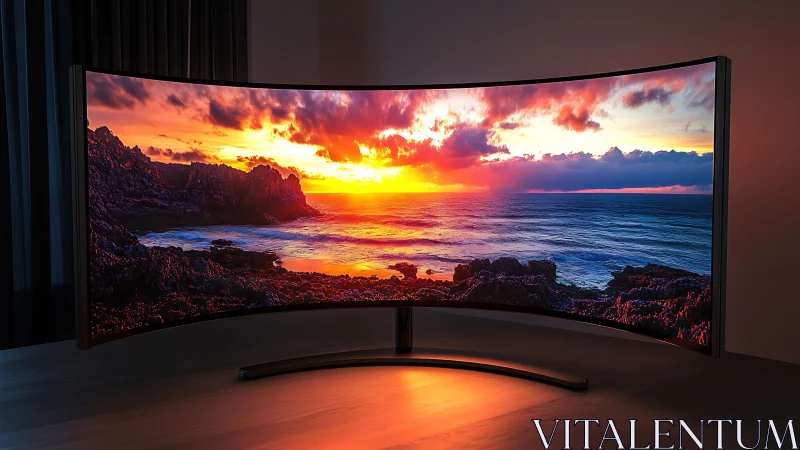 Curved ultrawide monitor displays vivid ocean sunset scene.