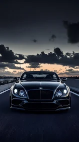 Photorealistic frontal supercar study on dusk highway.