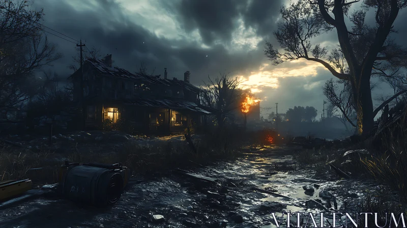 Derelict rural house by muddy road at stormy sunset.