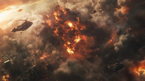Urban destruction sequence with military helicopter amid explosions