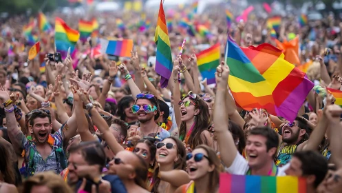 Joystorm of rainbow flags surging through a pride carnival.