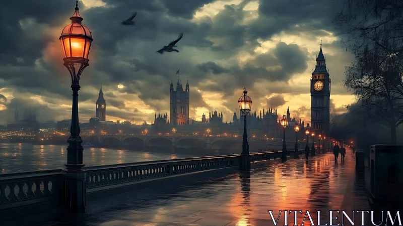 Digital painting of moody Westminster promenade at dusk.