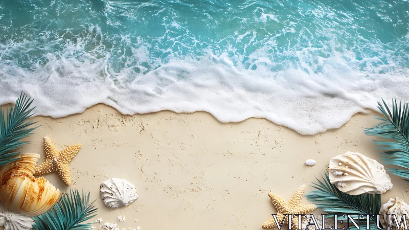 Shoreline shells and starfish beside foaming turquoise surf.