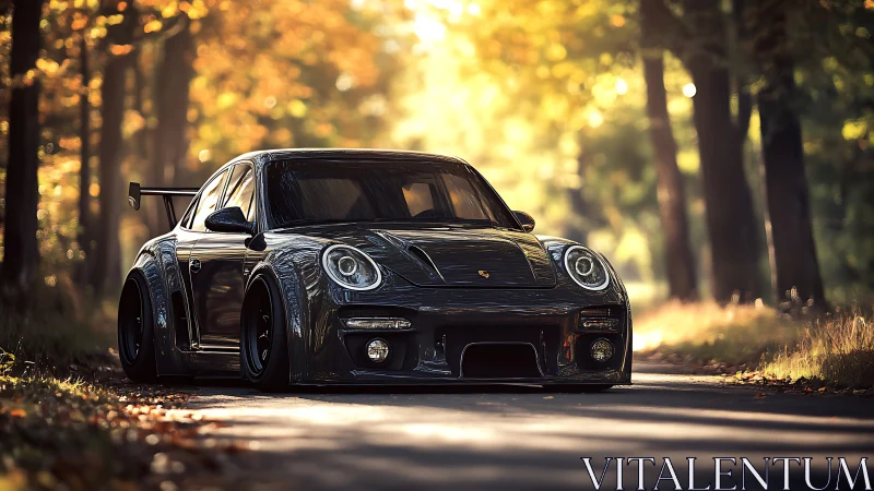 Low-slung black sports car rendered in autumn woodland light