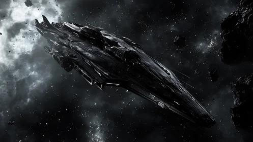 Stealth carrier starship glides through fractured asteroid field.