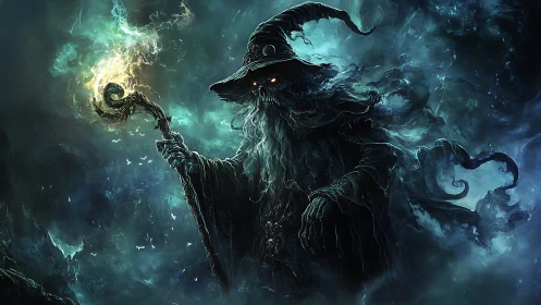 Stormlit wizard wandering through swirling midnight fog.