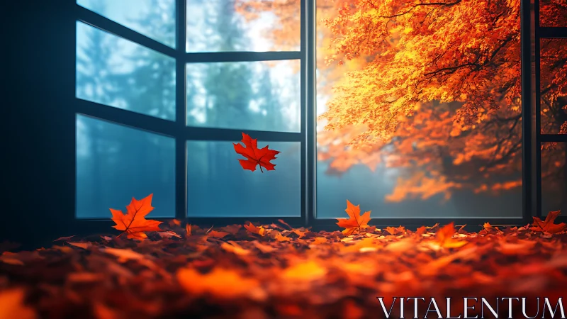 Interior window view with scattered autumn maple leaves.