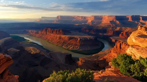 Eroded canyon plateau surrounds sinuous river under low light