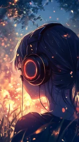 Headphones ignite twilight meadow in glowing audio dreamscape.