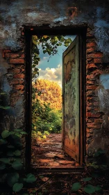 Rust-bitten doorway spilling into wild autumn light portal.
