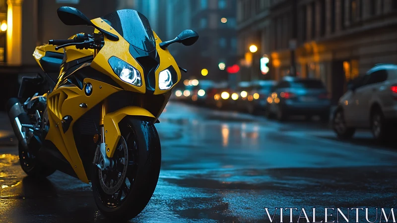 Midnight yellow superbike humming over rain-glossed city streets.