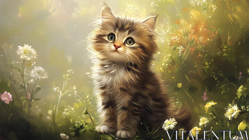 Fluffy Kitten in Wildflower Garden Scene.