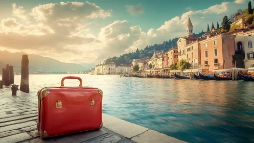 Red suitcase rests beside sunlit canal in old waterfront town