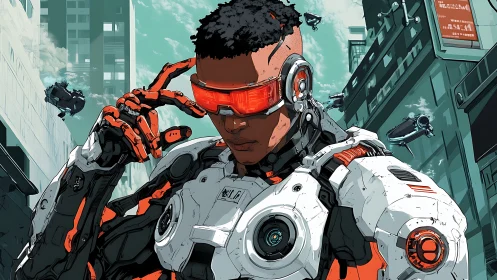 Cyborg operator in armored exosuit adjusts visor in cityscape