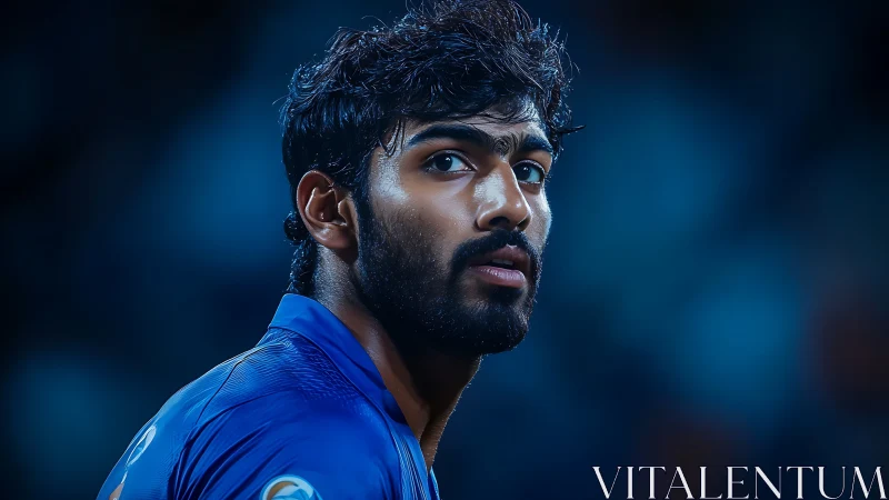 High-contrast close-up of male athlete under cool stadium lighting
