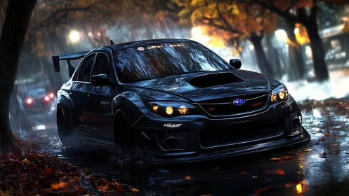 Digital painting of tuned Subaru WRX in cinematic rain scene.