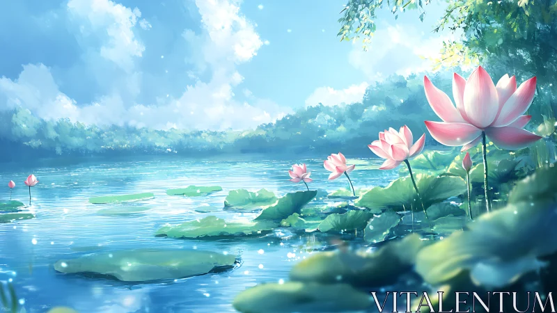 Sunlit lotus pond rendered in luminous atmospheric digital painting