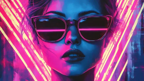 Neon-lit portrait of sunglasses girl in cyber glow.