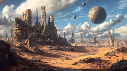 Digital painting of ruined desert megastructures under orbiting worlds.
