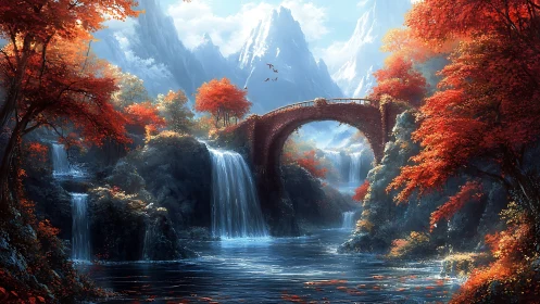 Autumn stone bridge arches over misty waterfalls and river