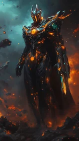 Luminous armored guardian walking through a molten twilight.